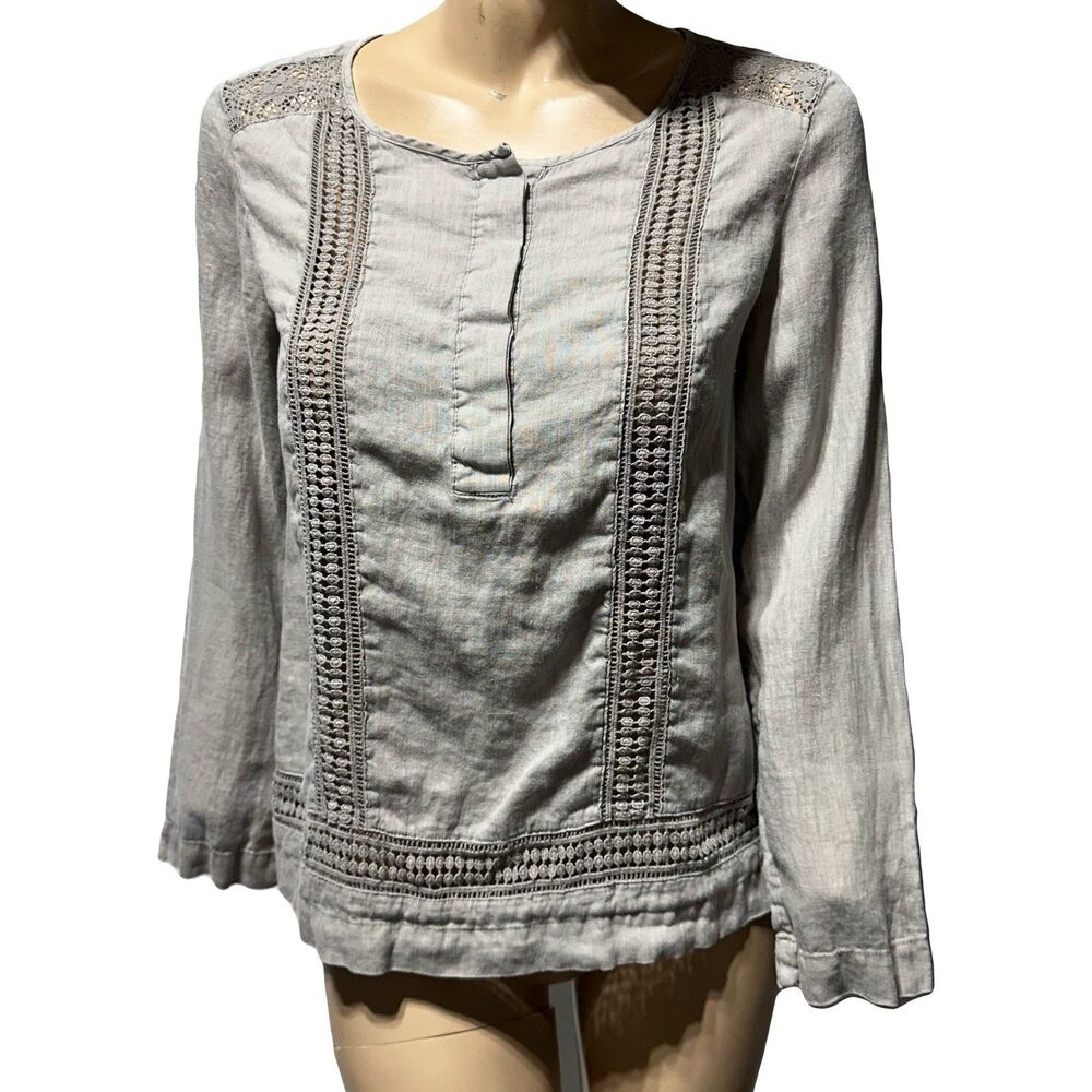 Artisan NY 100% Linen Top Crochet Blouse Size S Long Sleeve Shirt Gray Popover